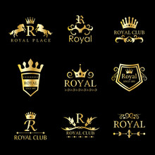 Royal Luxury Classic Logo Set - Isolated On Black Background. Vector Illustration Of Gold Royal Logo, Graphic Design. For Label, Emblem, Seal, Icon Template And App