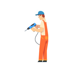 Canvas Print - Handyman with Drill, Male Construction Worker Character in Orange Overalls and Blue Cap with Professional Equipment Vector Illustration