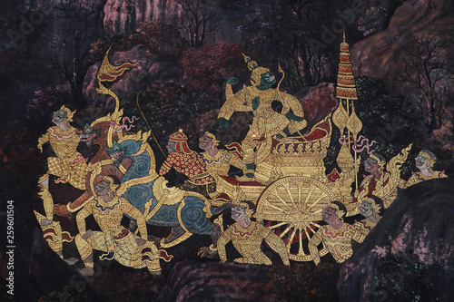 Fotomural The Ramakien (Ramayana) mural paintings along the galleries of the Temple of the