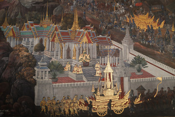 The Ramakien (Ramayana) mural paintings along the galleries of the Temple of the Emerald Buddha, grand palace or wat phra kaew Bangkok Thailand