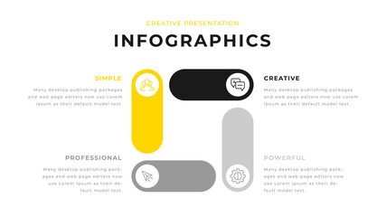 4 option yellow and gray infographic chart diagram business presentation design. Annual report flyer leaflet corporate presentation template. Simple webpage design