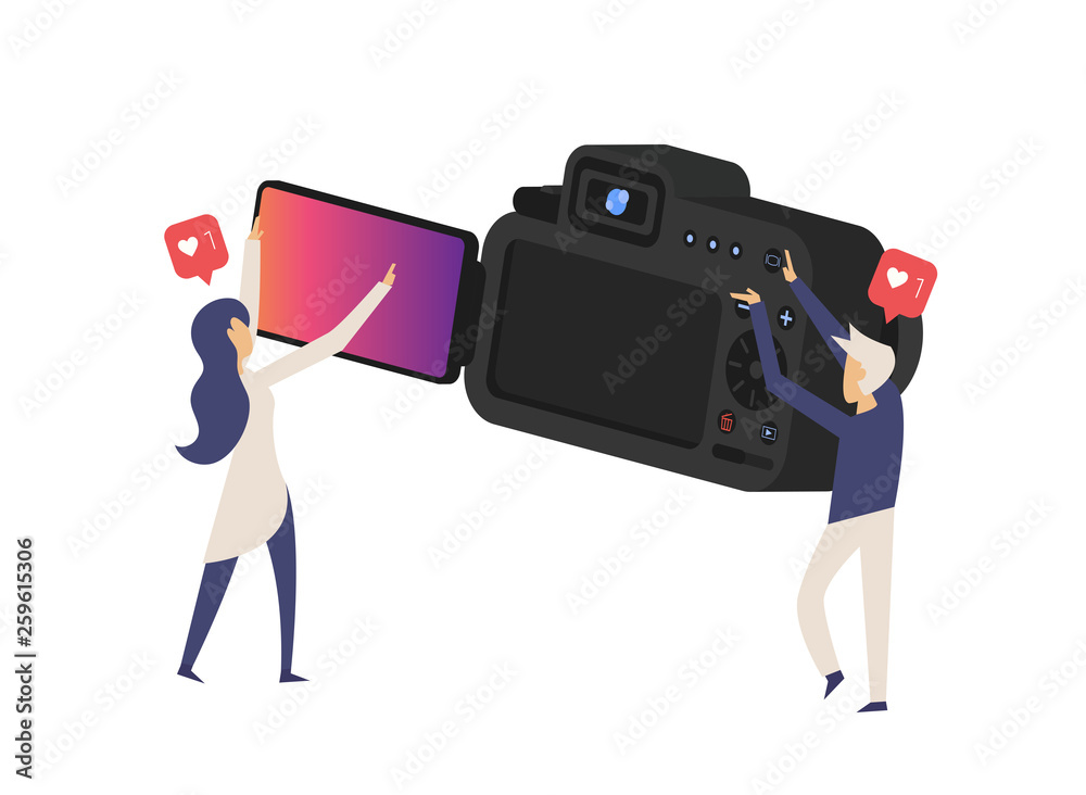 Cartoon pictures with Realistic professional camera with button and ...