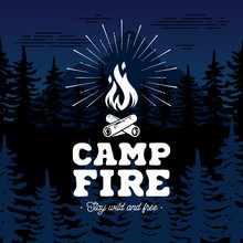 Campfire Emblem On Forest Background Vector Illustration.