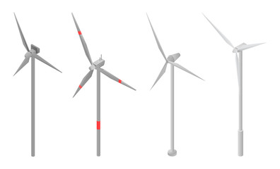 Wind turbine icons set. Isometric set of wind turbine vector icons for web design isolated on white background