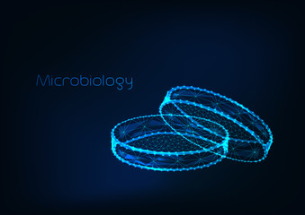 Wall Mural - Futuristic science background with glowing low polygonal petri dish on dark blue background.