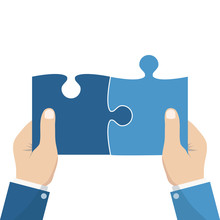 Business Matching Concept. Connecting Elements Puzzle In Hand Businessman. Working Together To Solve Problems. Cooperation, Association, Alliance Companies. Vector Illustration Flat Design.