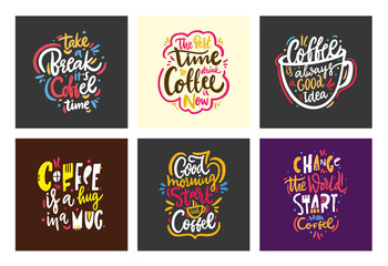 Quotes coffee typography collection set. Hand drawn vector lettering. Motivation phrase. Isolated on white background.