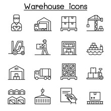 Warehouse, Delivery, Shipment, Logistic Icon Set In Thin Line Style
