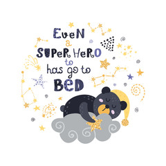 Wall Mural - Poster with teddy bear, stars and lettering. Beautiful posters for baby rooms or bedroom.