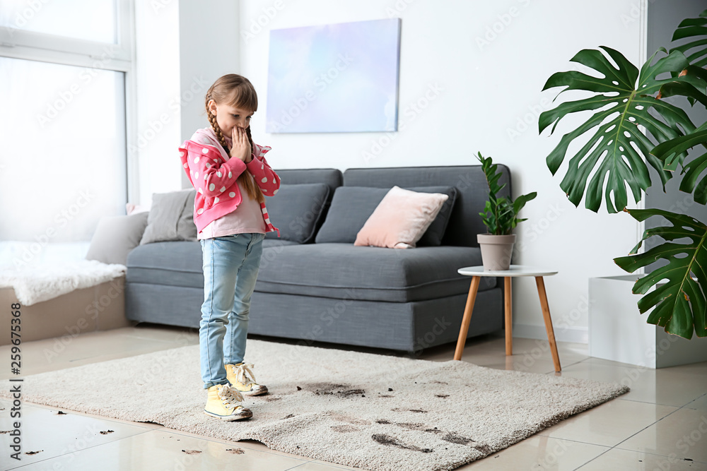 Little girl in muddy shoes messing up carpet at home - obrazy, fototapety, plakaty 