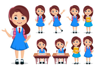 Wall Mural - Student girl vector character set. School kids cartoon characters wearing uniform and backpack with various pose and gestures while doing educational activities. Vector illustration. 