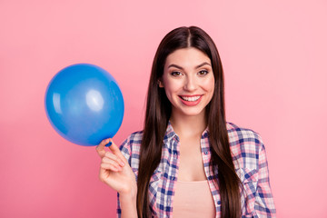 Wall Mural - Close-up portrait of her she nice attractive cute charming shine lovely girlish cheerful straight-haired lady wearing checked shirt holding in hands air ball congrats isolated over pink background