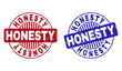 Grunge HONESTY round stamp seals isolated on a white background. Round seals with grunge texture in red and blue colors. Vector rubber imprint of HONESTY title inside circle form with stripes.