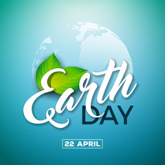 Wall Mural - Earth Day illustration with Planet and Green Leaf. World map background on april 22 environment concept. Vector design for banner, poster or greeting card.