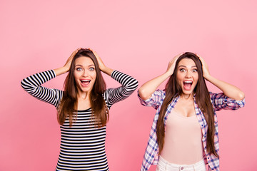 Sticker - Portrait of nice-looking attractive fascinating lovely cute charming crazy cheerful cheery straight-haired girls wearing casual showing excitement isolated over pink pastel background