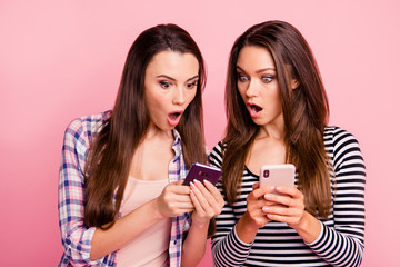 Sticker - Close-up portrait of nice-looking attractive lovely cute charming amazed caucasian straight-haired girls showing sharing cell chatting browsing texting isolated over pink pastel background