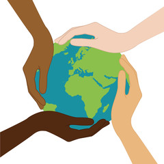 planet earth in the middle of human hands with different skin colors vector illustration eps10