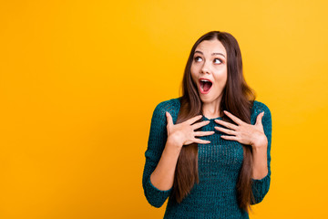 Canvas Print - Close up photo beautiful funky her she lady brown eyes look ecstatic empty space hands arms palms touch chest self herself wear green knitted pullover jumper clothes isolated yellow background