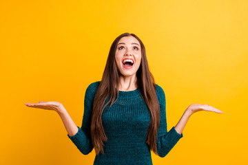 Sticker - Close up photo amazing beautiful her she lady hands arms palms raised look up empty space snowfall rain drops amusement wear green knitted pullover jumper isolated yellow background