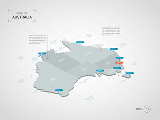 Wall Mural - isometric 3d australia map. stylized vector map illustration with cities, borders, capital, administ