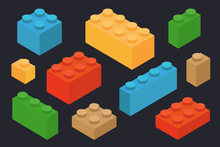 Isometric Plastic Construction Toy Parts Pieces Constructor Brick Block. Vector Color Flat Set.