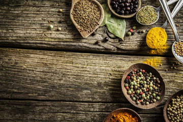 Spices in spoons on wooden background