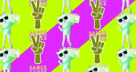 Wall Mural - Minimal motion gif art.  Disco power Dj Kitty.  Minimal seamless animation pattern