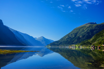 beautiful nature norway natural landscape with fjord and mountain.