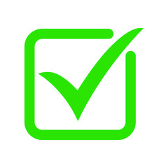 Green tick icon vector symbol, checkmark isolated on white background, checked icon or correct choice sign, check mark or checkbox pictogram