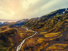 The Beautiful Unique Aerial View Landscape Of Thorsmork In Highland Of Iceland.