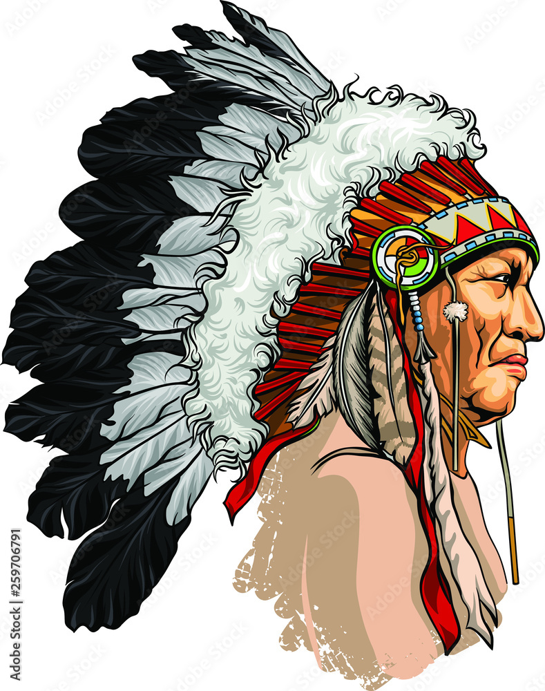 Vetor do Stock Detailed, hand drawn, native american sitting bull vector  portrait. Headdress with feathers indian chief of tribe. | Adobe Stock, image size:789x1000
