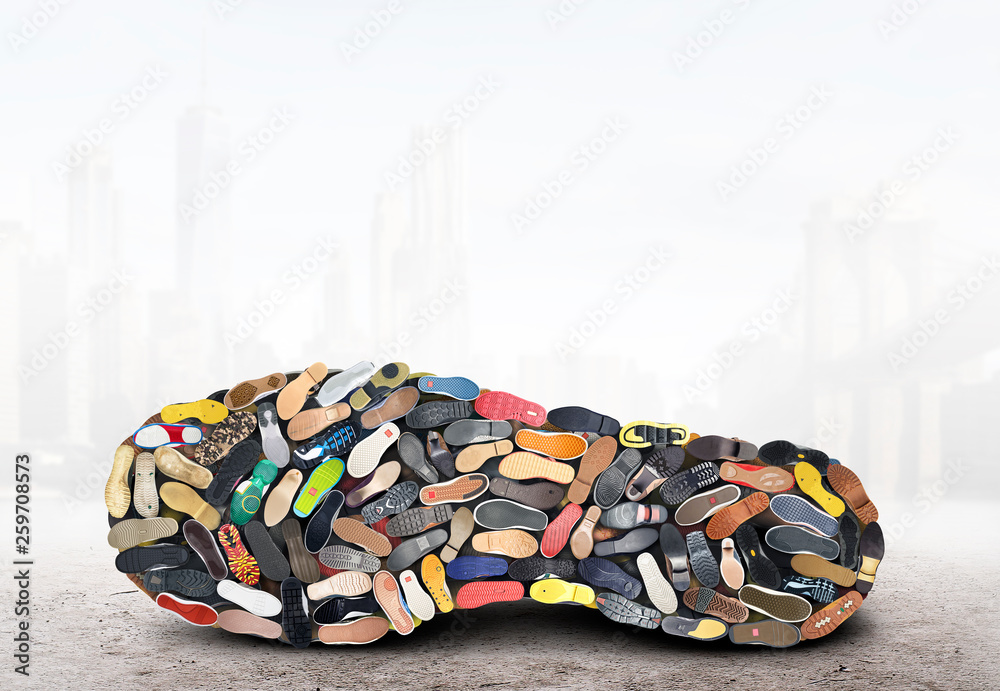Big sneaker made up of different sneakers - obrazy, fototapety, plakaty 