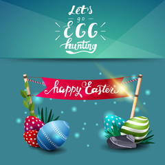 Let's go egg hunting, blue postcard template with lettering and Easter eggs and flag