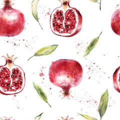 Watercolor pomegranate seamless pattern. Summer wallpaper design