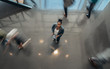 © JonoErasmus - Black african business woman standing in the lobby of an office looking up at the camera while people are walking past in a blur