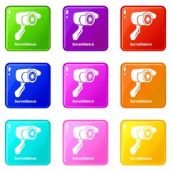 Poster - Surveillance icons set 9 color collection isolated on white for any design