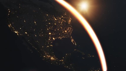 Wall Mural - 4K Beautiful Sunrise over North America. Realistic earth with night lights from space. High quality 3d animation. Elements of this image furnished by NASA.