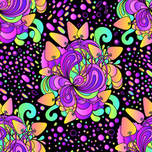 Seamless Pattern With Colorful Magic Mushrooms In Doodle Style. 60s Hippie Psychedelic Art. Print For Fabric
