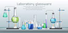 Chemical Laboratory Experiment 3d Realistic Vector Concept. Lab Graduated Glassware Filled With Different Color Reagents, Lab Flasks Connected With Test Tubes Heating By Alcohol Burner Illustration