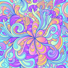 Seamless Pattern With Colorful Magic Mushrooms In Doodle Style. 60s Hippie Psychedelic Art. Vector. Print For Fabric