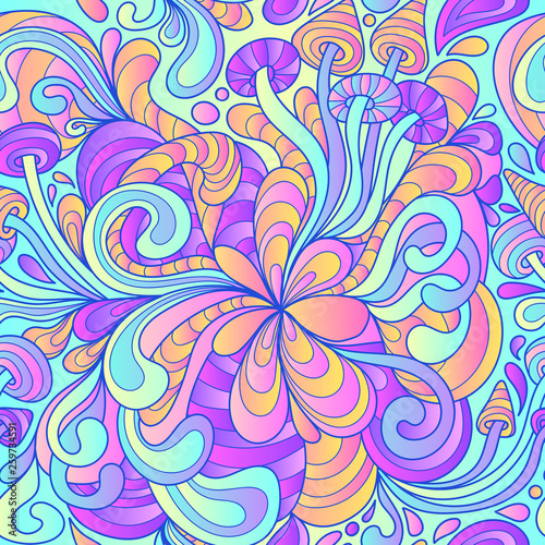 Photographie Seamless pattern with colorful magic mushrooms in doodle style