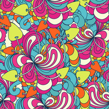 Seamless Pattern With Colorful Magic Mushrooms In Doodle Style. 60s Hippie Psychedelic Art. Print For Fabric