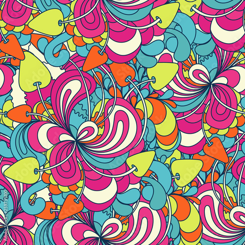 Photographie Seamless pattern with colorful magic mushrooms in doodle style
