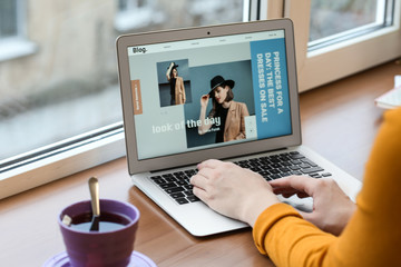 Female fashion blogger working on laptop near window