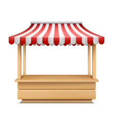Vector Realistic Illustration Of Empty Market Stall With Red And White Striped Awning Isolated On Background. Mockup Of Wooden Counter With Canopy For Street Trading, Retail Stand For Grocery Goods
