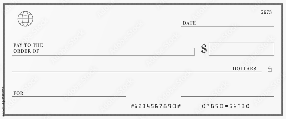 Blank template of the bank check. Checkbook cheque page with empty fields to fill. - obrazy, fototapety, plakaty 