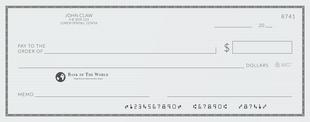 Blank bank cheque. Personal desk check template with empty field to fill.