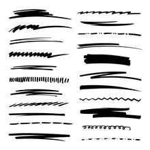 Hand Drawn Collection Set Of Underline Strokes In Marker Brush Doodle Style. Grunge Brushes.