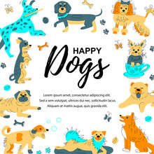 Vector Illustration With Hand Drawn Sketch Cute Doggies. Place For  Text. Banner For Pet Shop, Invitation, Dog Cafe, Show, Grooming, Flyers.