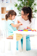 Wall Mural - Mother helps a little daughter to sculpt figurines from plasticine. Children's creativity. Happy family